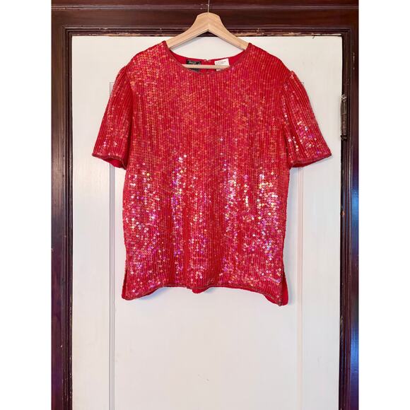 Vintage Jean for Joseph Le Bon Red Puff Sleeve Sequin Party Top- Size Large - Picture 2 of 7